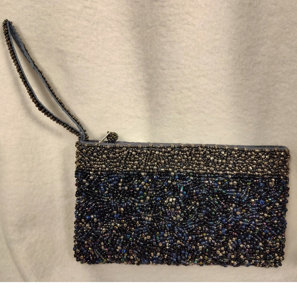 Womens Navy Silver Beaded Wristlet Clutch Evening Bag Small Handbag